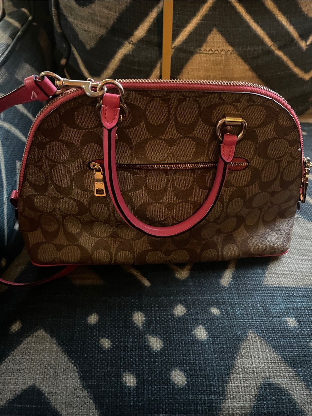 Coach Brown Signature Satchel with Pink Trim and Strap - Picture 5 of 11